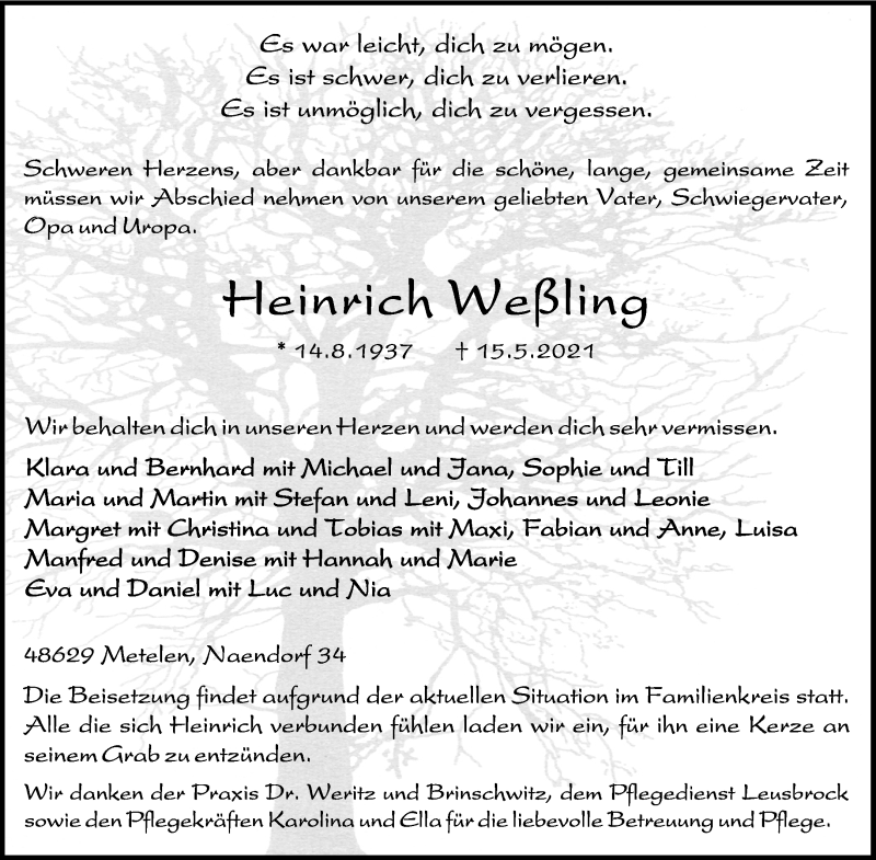  Traueranzeige für Heinrich Weßling vom 18.05.2021 aus 
