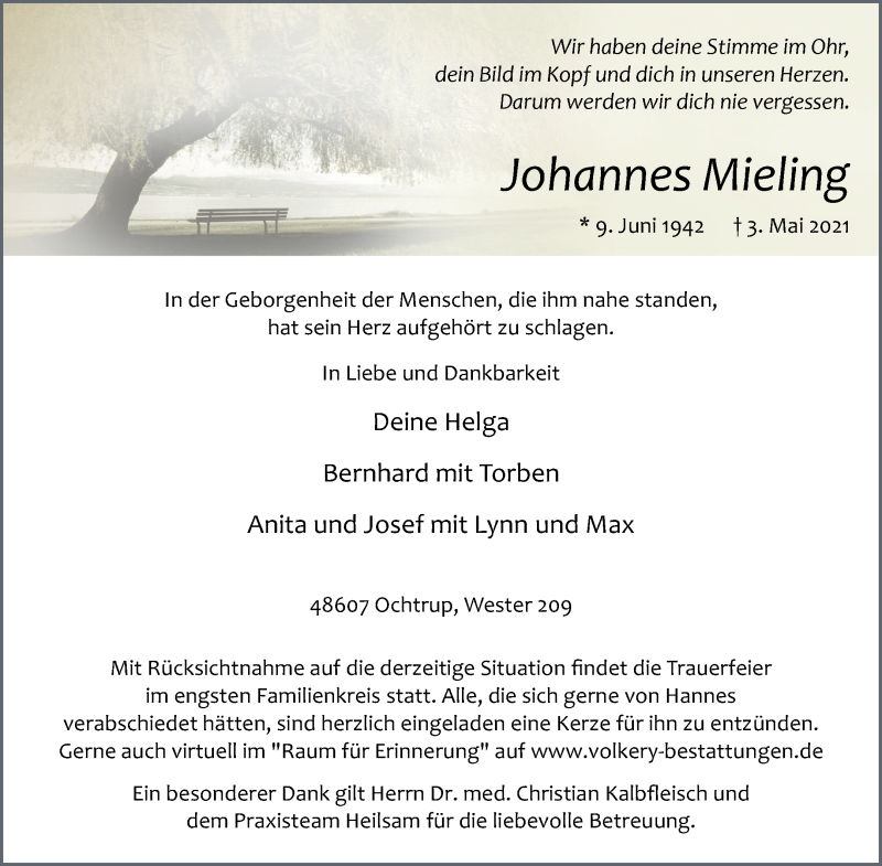  Traueranzeige für Johannes Mieling vom 06.05.2021 aus 
