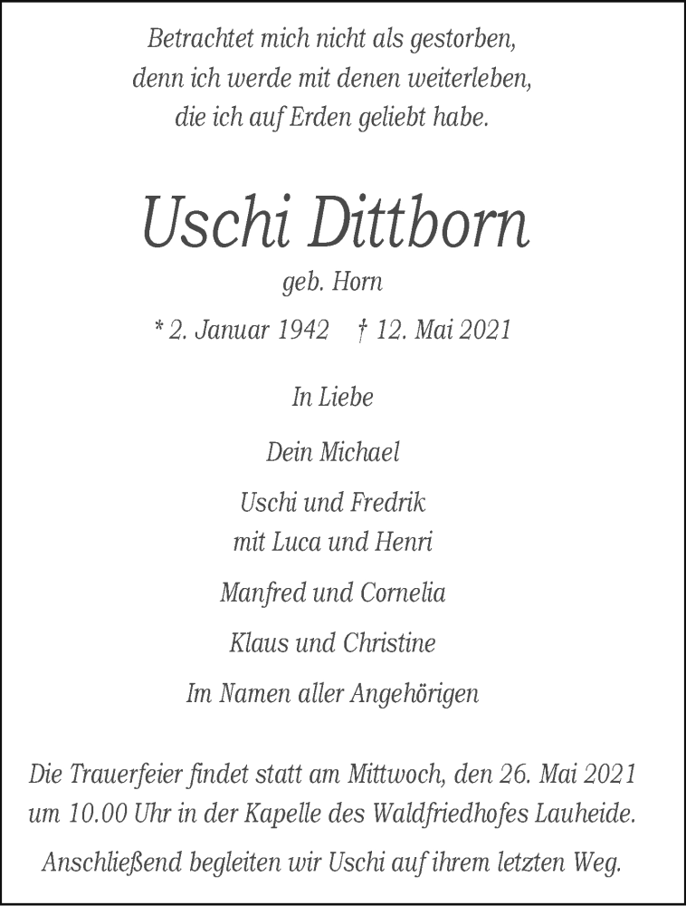  Traueranzeige für Uschi Dittborn vom 22.05.2021 aus 