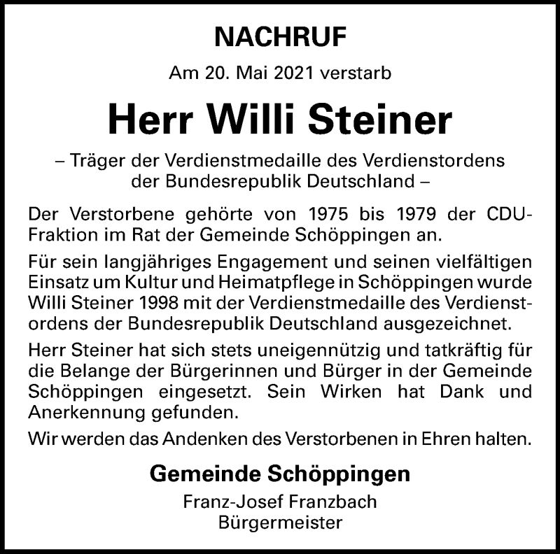  Traueranzeige für Willi Steiner vom 27.05.2021 aus 