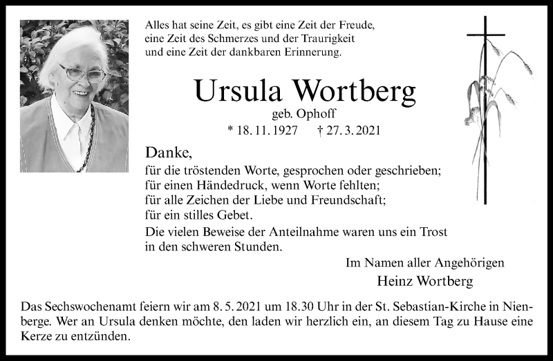  Traueranzeige für Ursula Wortberg vom 01.05.2021 aus 