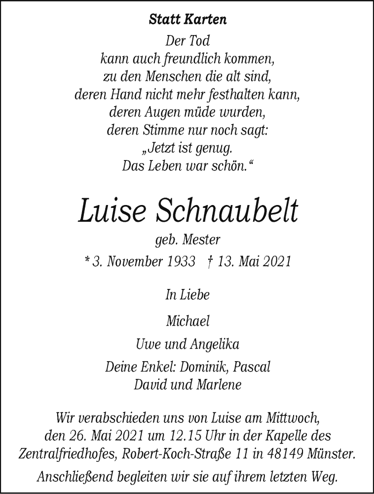  Traueranzeige für Luise Schnaubelt vom 22.05.2021 aus 
