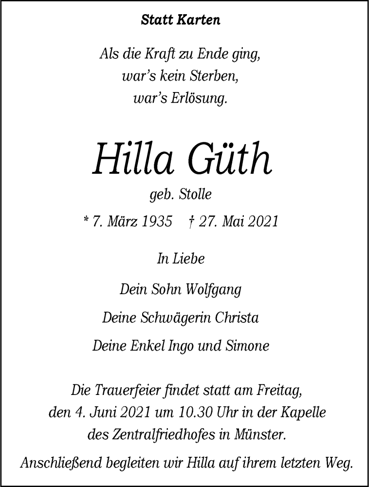  Traueranzeige für Hilla Güth vom 29.05.2021 aus 