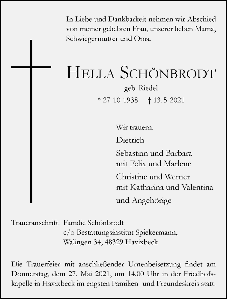  Traueranzeige für Hella Schönbrodt vom 22.05.2021 aus 