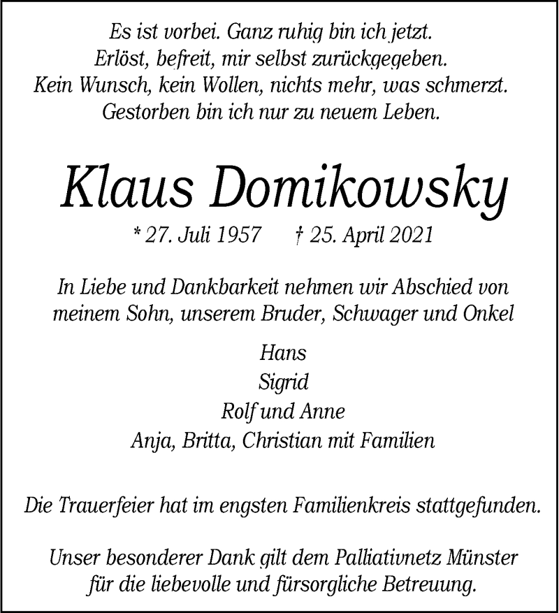 Traueranzeige für Klaus Domikowsky vom 05.05.2021 aus 