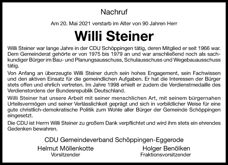  Traueranzeige für Willi Steiner vom 27.05.2021 aus 
