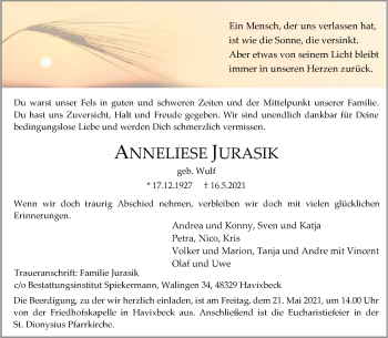 Anzeige von Anneliese Jurasik 