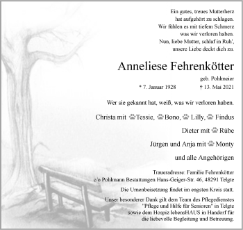 Anzeige von Anneliese Fehrenkötter 