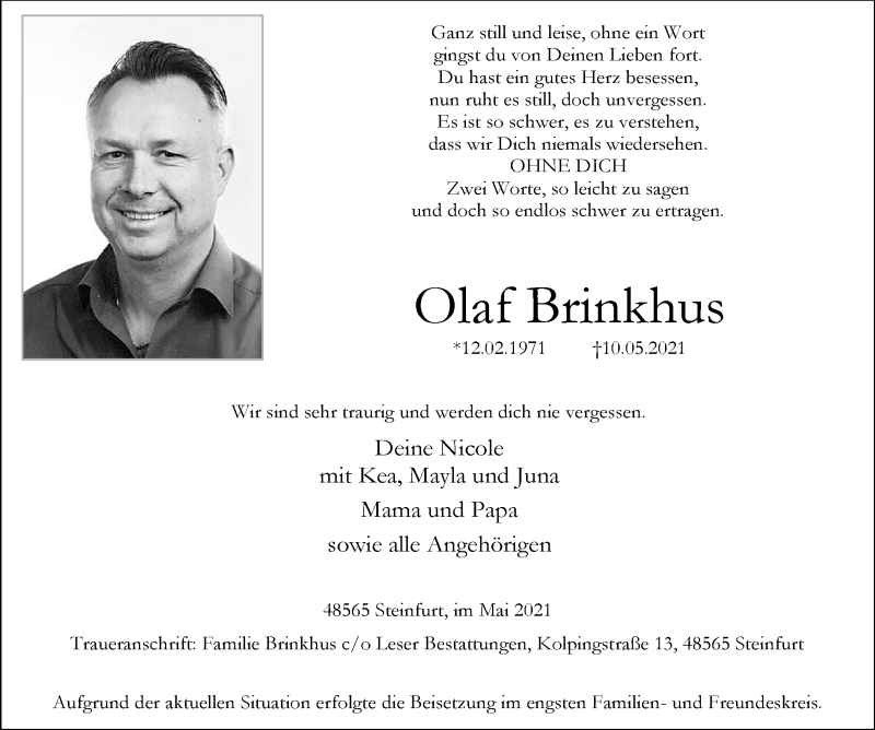  Traueranzeige für Olaf Brinkhus vom 22.05.2021 aus 