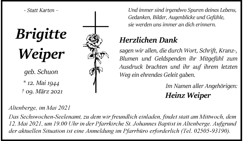  Traueranzeige für Brigitte Weiper vom 08.05.2021 aus 