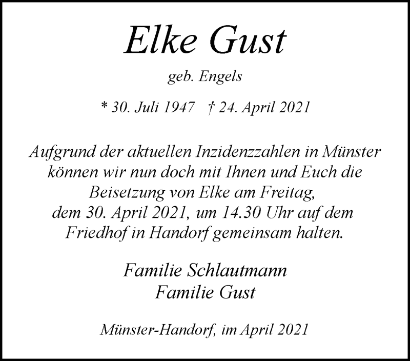  Traueranzeige für Elke Gust vom 29.04.2021 aus 