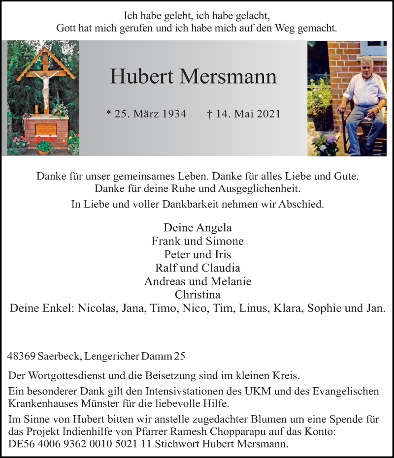  Traueranzeige für Hubert Mersmann vom 19.05.2021 aus 
