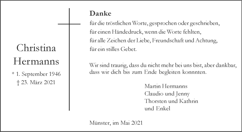  Traueranzeige für Christina Hermanns vom 08.05.2021 aus 