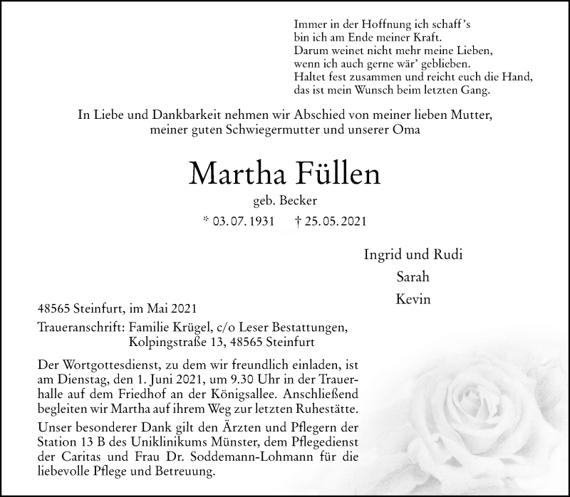  Traueranzeige für Martha Füllen vom 29.05.2021 aus 