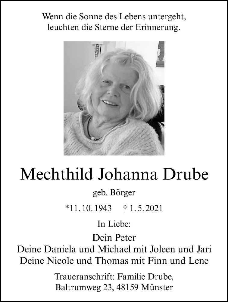  Traueranzeige für Mechthild Johanna Drube vom 05.05.2021 aus 