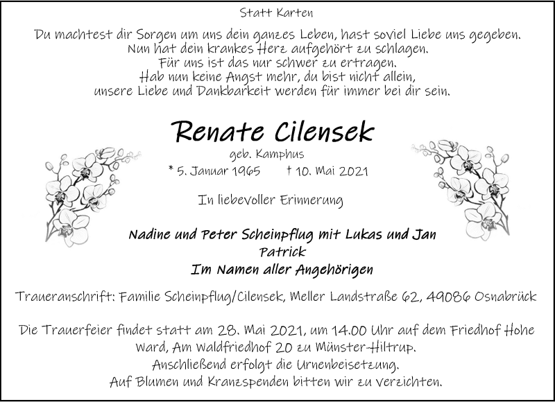  Traueranzeige für Renate Cilensek vom 15.05.2021 aus 