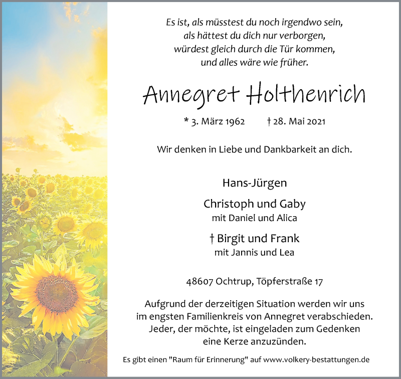  Traueranzeige für Annegret Holthenrich vom 31.05.2021 aus 