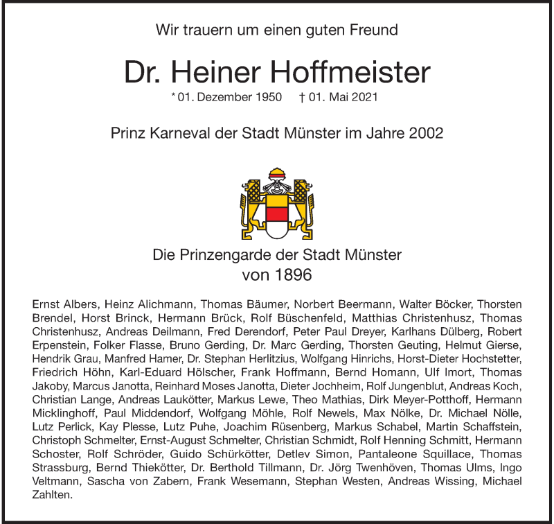 Traueranzeige für Heiner Hoffmeister vom 05.05.2021 aus 