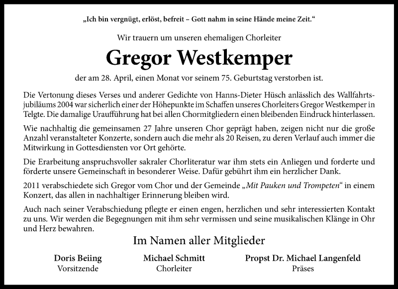 Traueranzeige für Gregor Westkemper vom 08.05.2021 aus 