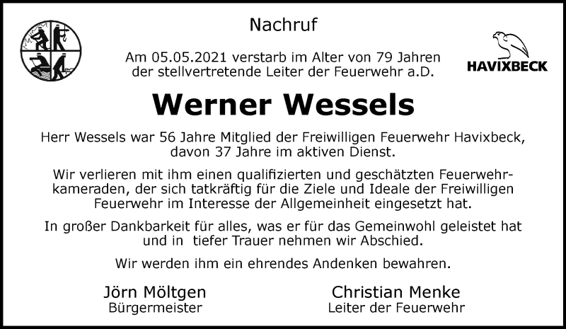  Traueranzeige für Werner Wessels vom 08.05.2021 aus 