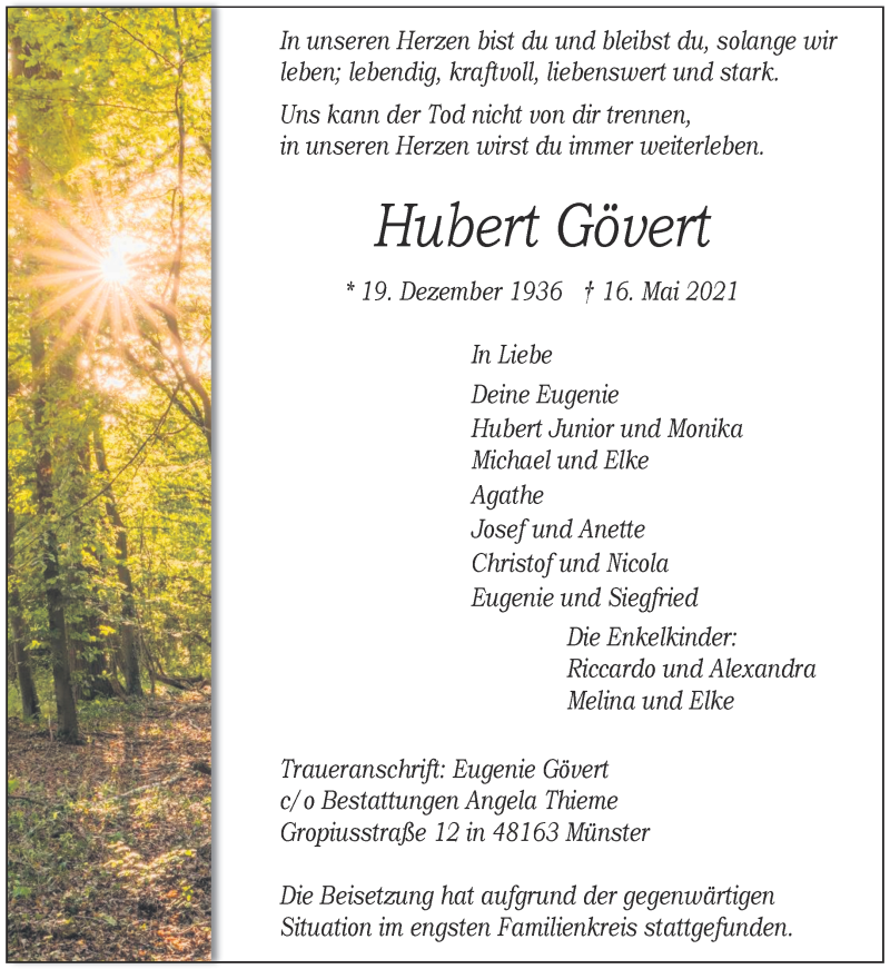  Traueranzeige für Hubert Gövert vom 22.05.2021 aus 