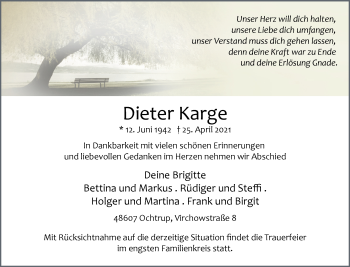 Anzeige von Dieter Karge 