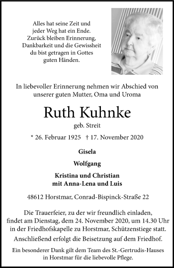 Anzeige von Ruth Kuhnke von Westfälische Nachrichten