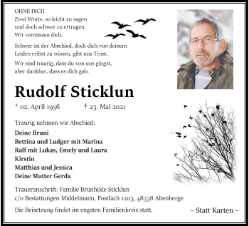 Anzeige von Rudolf Sticklun 
