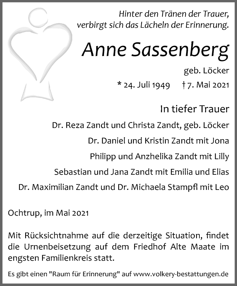  Traueranzeige für Anne Sassenberg vom 15.05.2021 aus 