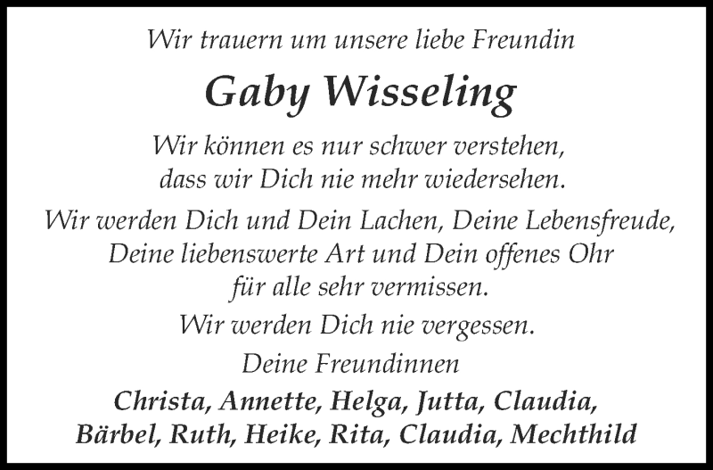  Traueranzeige für Gaby Wisseling vom 07.05.2021 aus 
