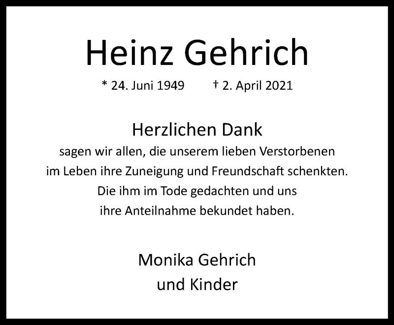  Traueranzeige für Heinz Gehrich vom 15.05.2021 aus 
