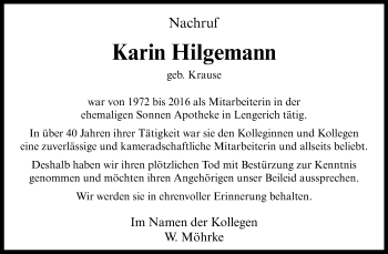 Anzeige von Karin Hilgemann 