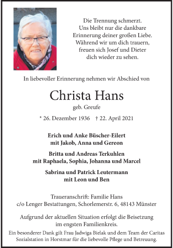 Anzeige von Christa Hans 