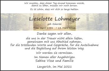 Anzeige von Lieselotte Lohmeyer 