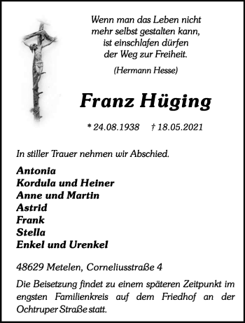 Anzeige von Franz Hüging 