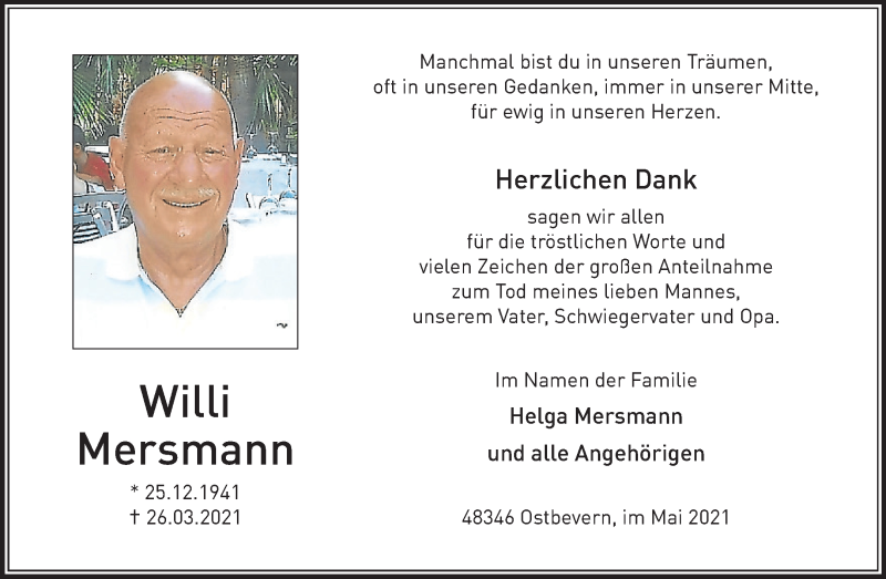  Traueranzeige für Willi Mersmann vom 15.05.2021 aus 