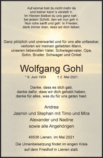 Anzeige von Wolfgang Gohl 