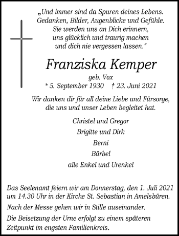 Anzeige von Franziska Kemper 