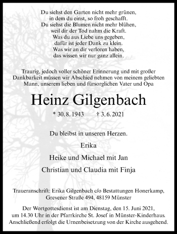 Anzeige von Heinz Gilgenbach 