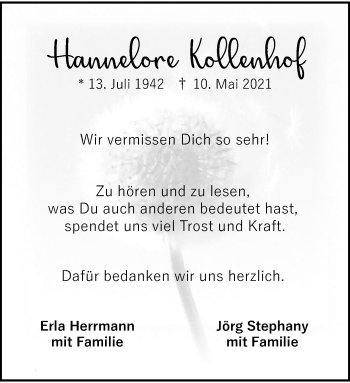 Anzeige von Hannelore Kollenhof Stephany 