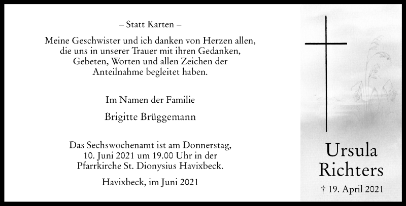  Traueranzeige für Ursula Richters vom 02.06.2021 aus 