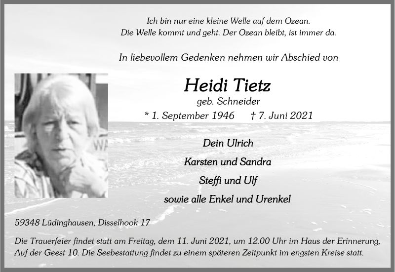  Traueranzeige für Heidi Tietz vom 10.06.2021 aus 