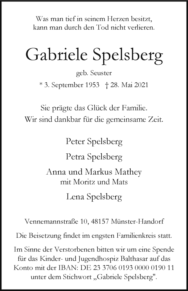  Traueranzeige für Gabriele Spelsberg vom 02.06.2021 aus 