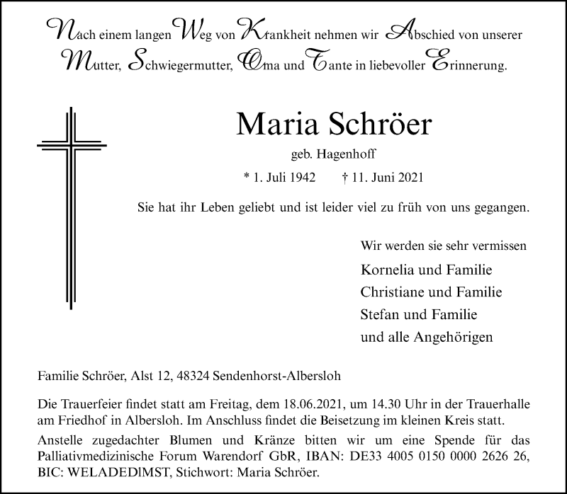  Traueranzeige für Maria Schröer vom 16.06.2021 aus 