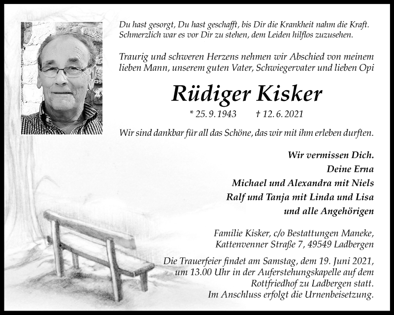  Traueranzeige für Rüdiger Kisker vom 17.06.2021 aus 