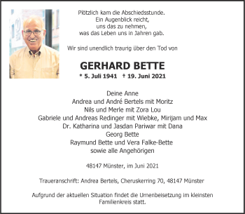 Anzeige von Gerhard Bette 