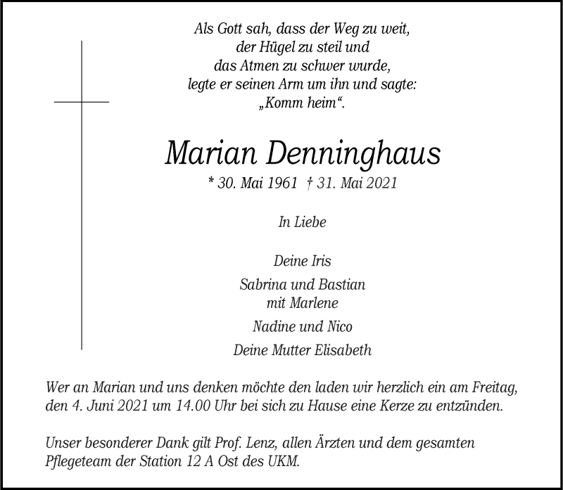  Traueranzeige für Marian Denninghaus vom 03.06.2021 aus 
