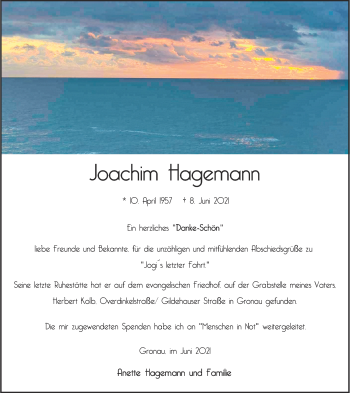 Anzeige von Joachim Hagemann 