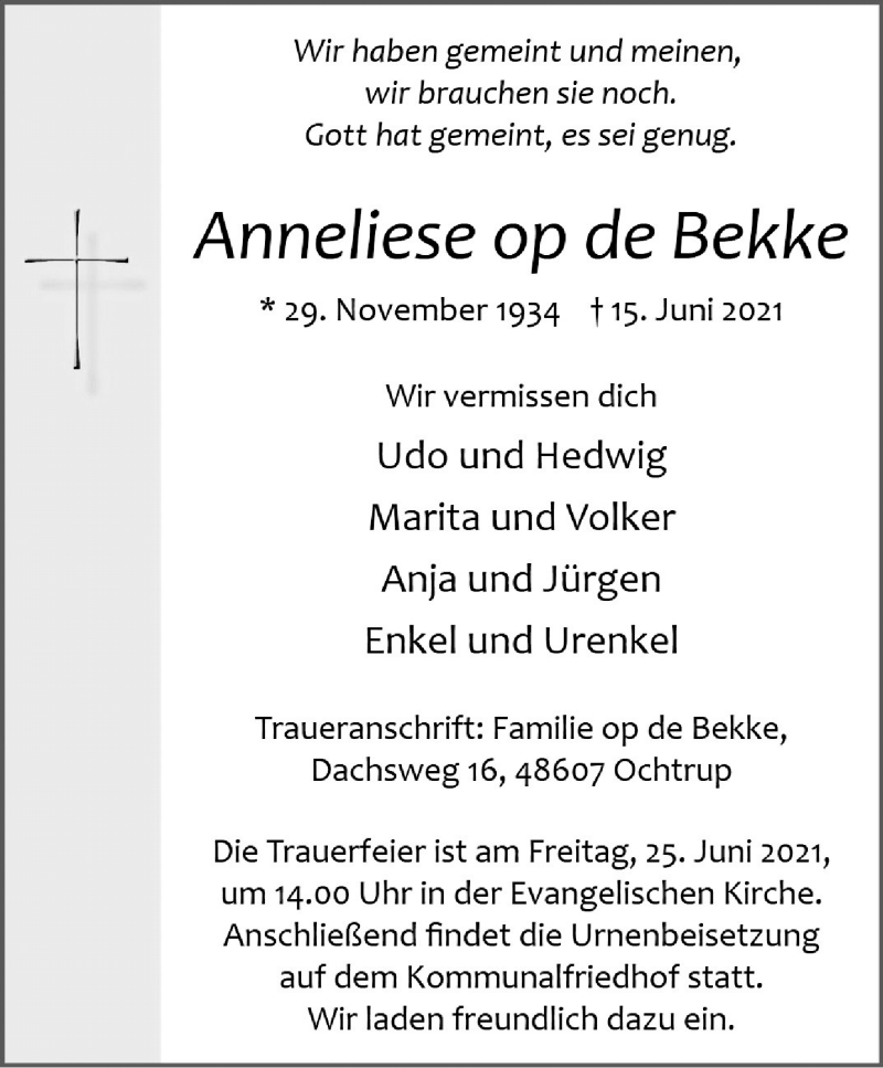 Traueranzeige für Anneliese op de Bekke vom 18.06.2021 aus 