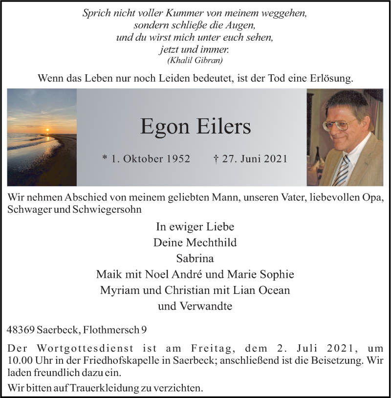  Traueranzeige für Egon Eilers vom 30.06.2021 aus 